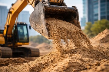 Large excavator pouring dirt and sand onto a pile at a construction site