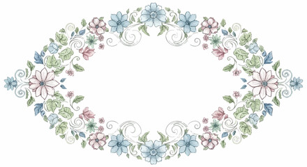 Oval floral frame with delicate pastel flowers and leaves.
