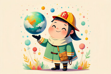 Joyful cartoon child firefighter holding the earth globe and wearing a yellow helmet with a red emblem for a bright future