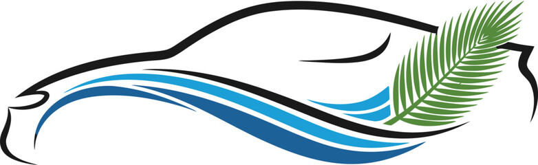 Obraz premium Minimalist car logo design with blue ocean wave and green palm leaf on white background. Vector