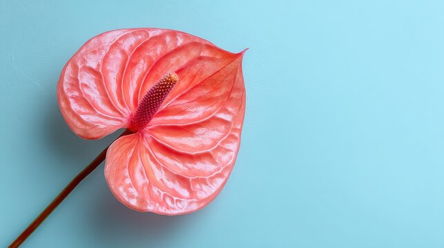 A single, salmon-pink flamingo lily blossom with a prominent spadix rests on a pale blue background, angled slightly to the left, showcasing its heart-shaped, veined spathe
