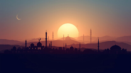Spiritual Reflection at Sunrise Mosque Silhouette Background