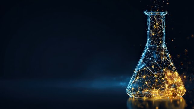 An abstract digital rendering of a laboratory flask glows with intricate interconnected lines, hinting at scientific exploration, discovery. ..Created with Generative AI, not depicting real subjects.