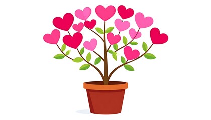 Heart tree illustration hearts bloom from a potted plant with green leaves, on a white background