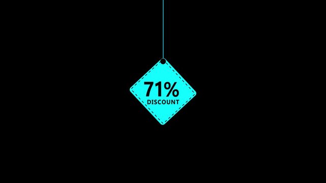 Cyan Diamond Shaped Tag With 71 Percent Discount Text Suspended By A String On A Black Background discount tag