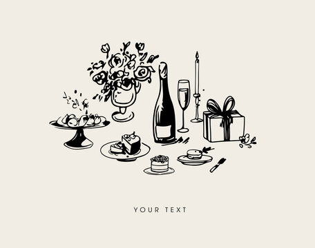 Minimalist hand drawn food and drink vector illustration. Wine, champagne glass, cheese, cake drawings for wedding invitations, menus and parties. Ink doodle sketch style
