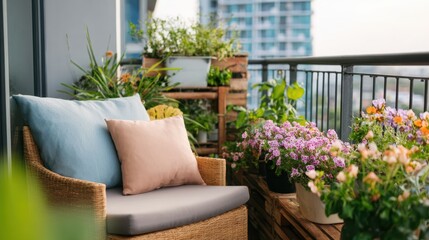Fototapeta premium Urban balcony garden with blooming flowers and cozy seating, featuring pastel cushions and wooden planters in a modern city setting