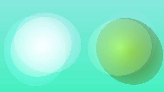Flat lay of two gradient spheres, one white and one green, on a teal background with subtle shadows and a minimalist composition.