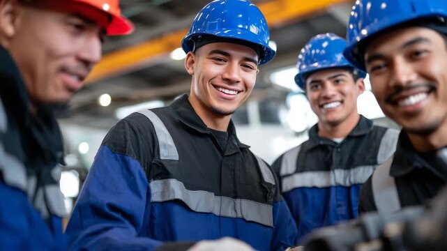 16Veterans in a technical training program collaborating on a mechanical project, safety gear and tools visible, industrial workshop setting, natural light emphasizing skill-building