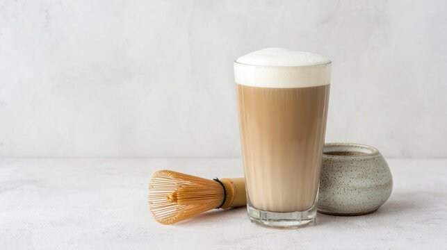 Hot hojicha latte in tall glass with thick foam, bamboo whisk and ceramic bowl on light textured surface, minimalist studio product photo