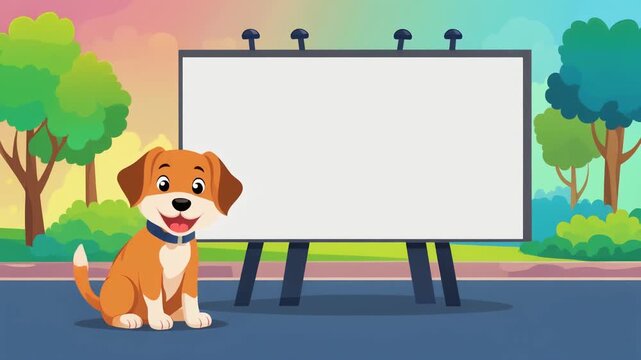 Niedlicher Cartoon-Hund neben leerer Werbetafel mit Textfreiraum