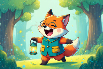 Joyful cartoon fox wearing glasses and a vest happily walking with a glowing lantern through a vibrant forest setting