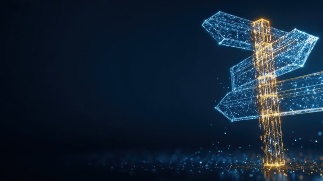 A digital signpost illuminates the crossroads of technology, guiding towards innovation and futuristic pathways. ..Created with Generative AI, not depicting real subjects.
