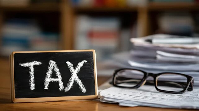 28Word TAX in bold chalk letters on a blackboard, desk with scattered papers and glasses nearby, educational or instructional tax planning scenario