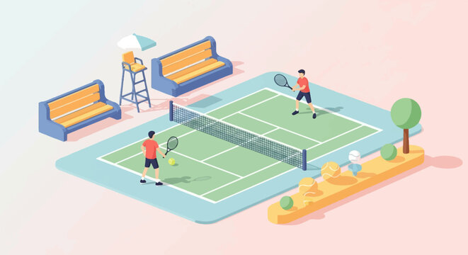 Isometric tennis match with players, net, umpire chair, benches, trees, and balls
