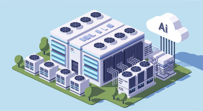 Isometric view of a modern data center with cooling units and AI cloud