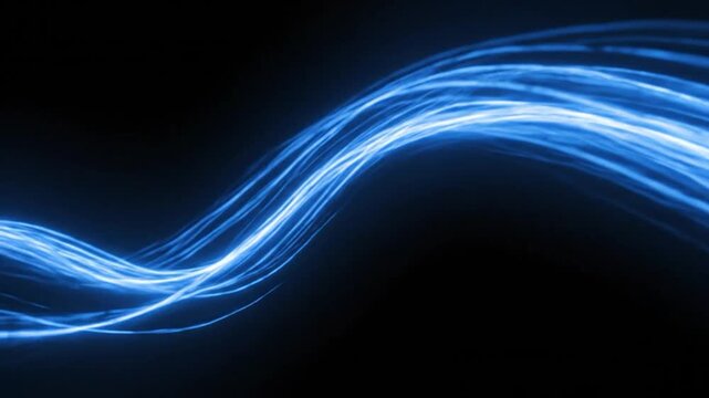 Abstract image of luminous blue lines flowing against a dark backdrop