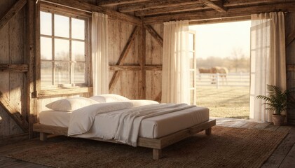 Sunlit barn room with minimalist decor focusing on crisp white linens and weathered beams while an animal paddock fades into the background.