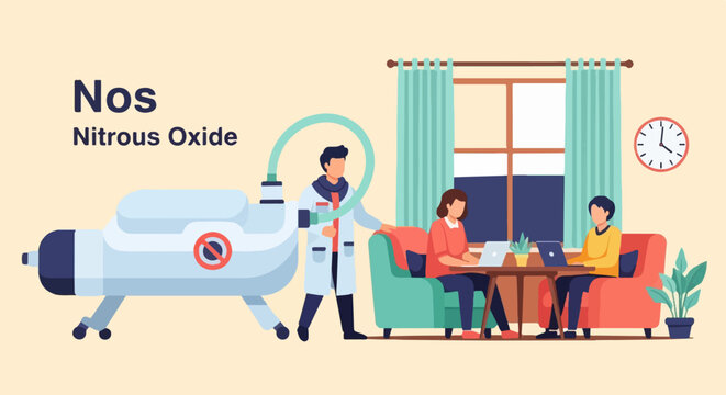 Medical equipment dispenses nitrous oxide to people working on laptops