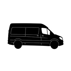Black delivery van silhouette, side view, ready for transport on an isolated white background.