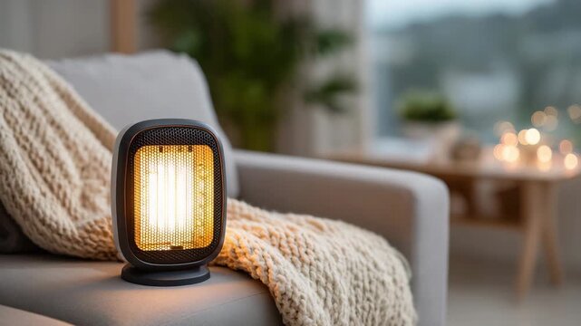 60Close-up of a portable infrared heater glowing warm orange beside a sofa draped with a plush blanket, soft lighting filling the cozy living room, winter comfort and home warmth con