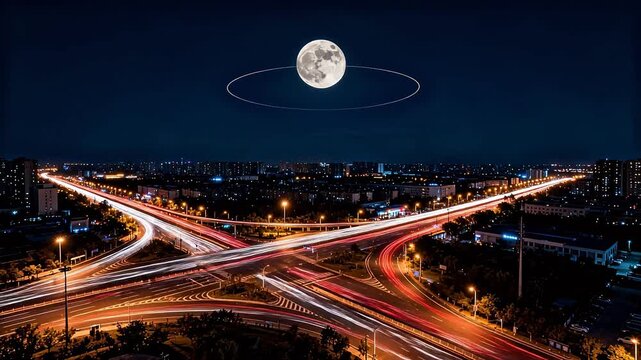 Night city intersection with car light trails and moon in sky