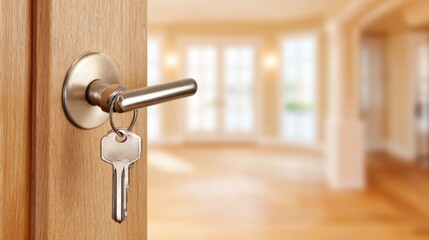 Obraz premium Key in door lock of bright, sunlit room with hardwood floor