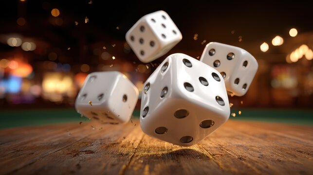 Dynamic dice roll: flying white dice on wooden table with dramatic background. International Casinos Day