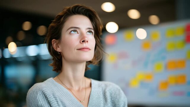 110Woman carefully reviewing a whiteboard packed with colorful sticky notes, charts, and arrows, analytical mindset and organized workflow, modern office setting with soft natural lig