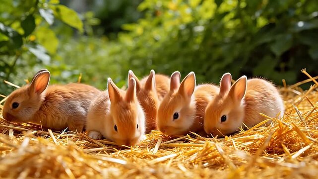 Five baby rabbits on straw