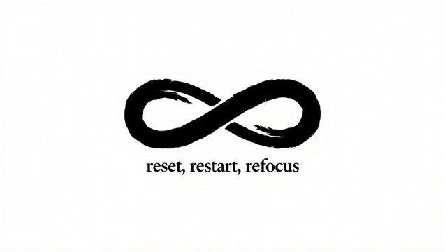 Black infinity symbol painted with brush strokes above words reset restart refocus on white background