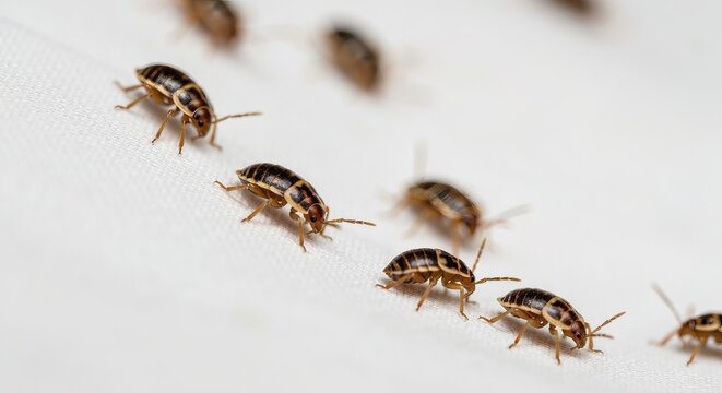 Close-Up Image of Anthrenus Insects Infesting White Cotton Surface, Highlighting Home Hygiene Issues