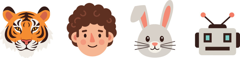 Fototapeta premium A colorful vector graphic illustration of four emoticon faces including a tiger, a man, a rabbit, and a robot on a white background.