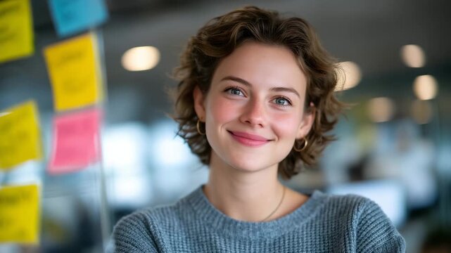 126Woman mapping project phases on a whiteboard using colorful sticky notes, clear logical grouping, systems thinking and efficient workflow management in a modern workspace