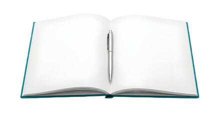 Open notebook with blank pages and pen isolated PNG with Transparent Background