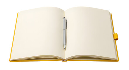 Open notebook with blank pages and pen isolated PNG with Transparent Background
