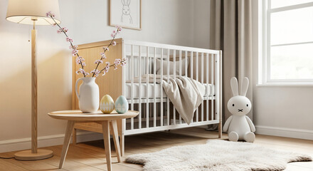 Happy easter sunday morning in a nursery with white crib and decor
