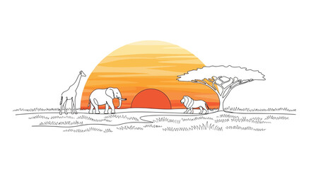 African Safari Sunset Silhouette: Elephant, Giraffe, Lion, Acacia Tree © Azizi