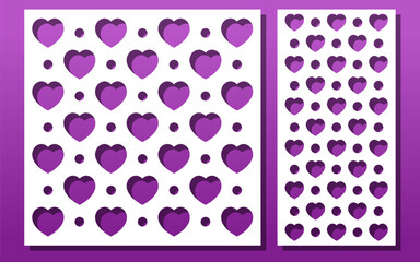 Laser cut panel with heart shapes geometric decor. CHC cutting? geometric heart pattern. Room privacy screen, Valentine's day card background, paper art. Vector illustration