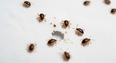 Fototapeta premium Close-Up of Bed Bugs Infestation on a Mattress with Visible Insects Crawling and Hiding in Fabric