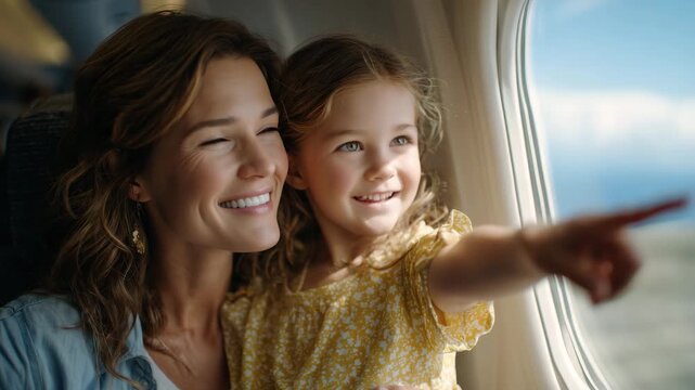 143Side-angle view of joyful little girl pointing outside airplane window with woman smiling beside her, cabin softly lit, clouds and blue sky visible outside