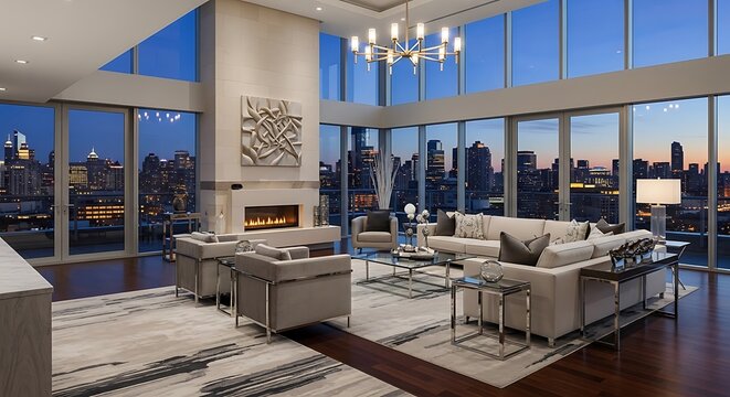 Luxury penthouse living room with city skyline view at dusk modern furniture and interior design