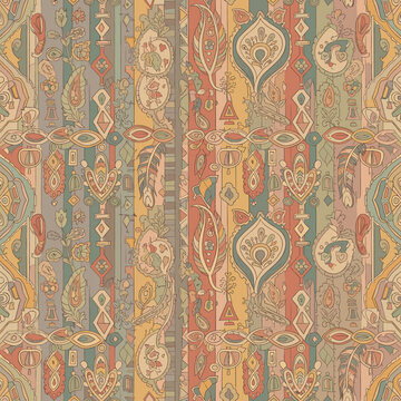 A seamless repeating pattern featuring a vibrant, intricate tapestry of paisley motifs and vertical stripes in a warm, earthy color palette.