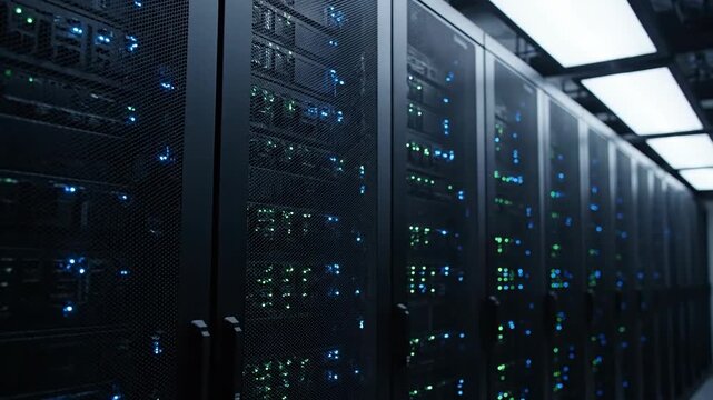 Data center servers with blinking LED lights in a dark server room.