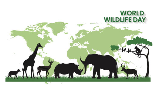 World wildlife day silhouettes of african animals and world map