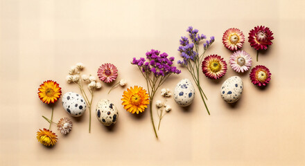 Happy easter sunday floral decor with colorful eggs and spring flowers