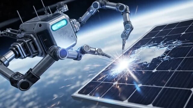 Robot repairing solar panel in space with robotic arm