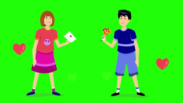 Animated cartoon style vector video of a boy and a girl with gifts in their hands on a green background, 2D, art, family.