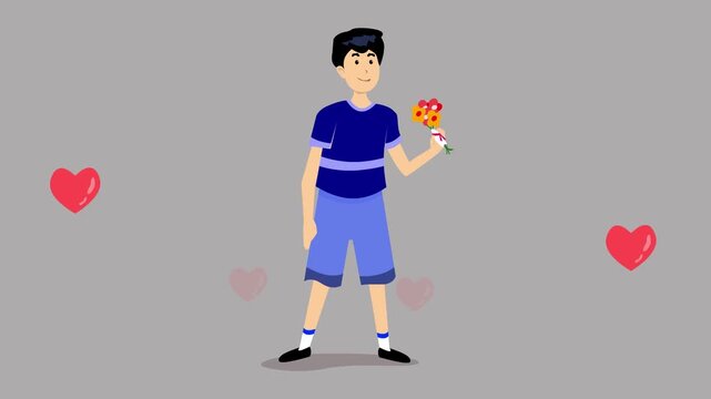 Animated cartoon style vector video of a boy with a bouquet of flowers in his hand on a gray background, 2D, art, family.