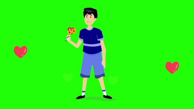 Animated cartoon style vector video of a boy with a bouquet of flowers in his hand on a green background, 2D, art, family.